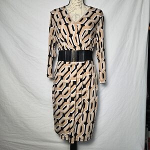 Geometric Print Faux Wrap Midi Dress - Tan/Black/White - Large